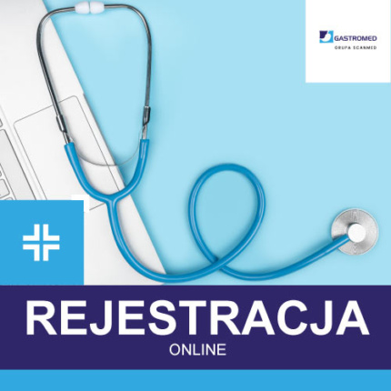 Rejestracja online, na zdjęciu stetoskop i laptop, ZOZ Gastromed, Grupa Scanmed