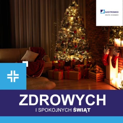 Życzenia Świąteczne, Gastromed, na zdjęciu choinka i prezenty