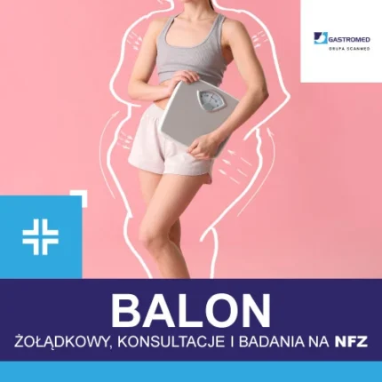 Balon żołądkowy, kobieta z wagą, grafika sugeruje utratę wielu kilogramów