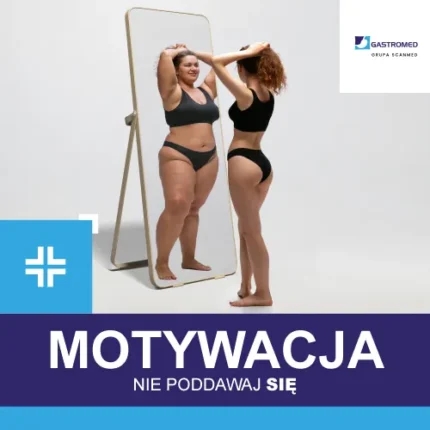Motywacja, zmniejszanie żołądka, szczupła kobieta przeglądająca się w lustrze, odbicie pokazuje sylwatkę z nadwagą
