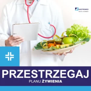 Plan żywienia, na zdjęciu lekarz trzymający w ręce talerz z owocami, a w drugiej tablet, ZOZ Gastromed Lublin, Grupa Scanmed