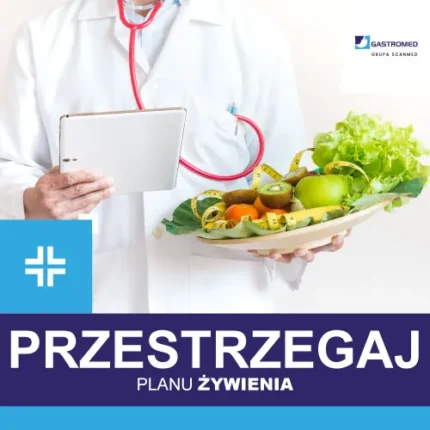 Plan żywienia, na zdjęciu lekarz trzymający w ręce talerz z owocami, a w drugiej tablet, Gastromed, Scanmed