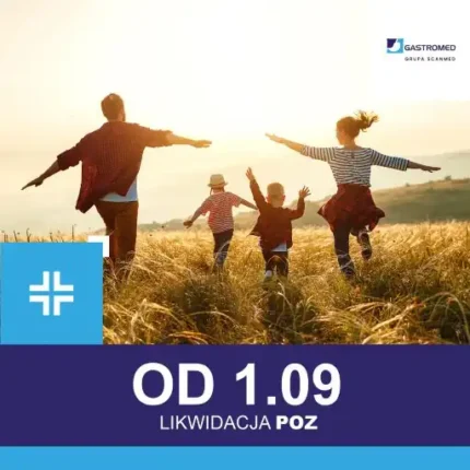 Likwidacja POZ, na zdjęciu czteroosobowa rodzina biegnąca po łące, Gastromed, Scanmed