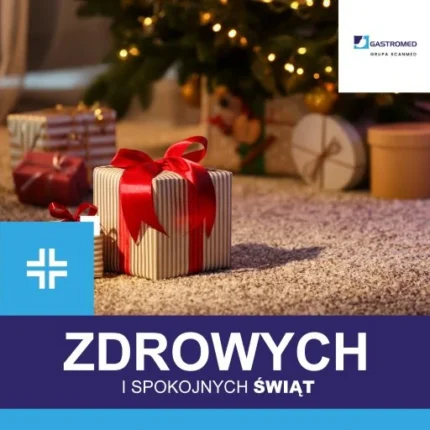 Boże Narodzenie, życzenia od Gastromed Lublin, na zdjęciu choinka i prezenty