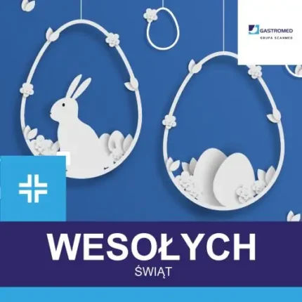 Życzenia, Wielkanoc 2023, pisanki i króliczek wielkanocny na niebieskim tle