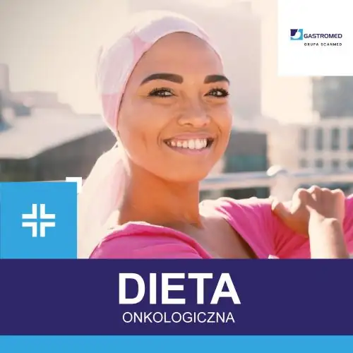 Dieta onkologiczna Lublin, Gastromed, Scanmed, uśmiechnięta kobieta z chustce na głowie, prawdopodobnie po chemioterapii