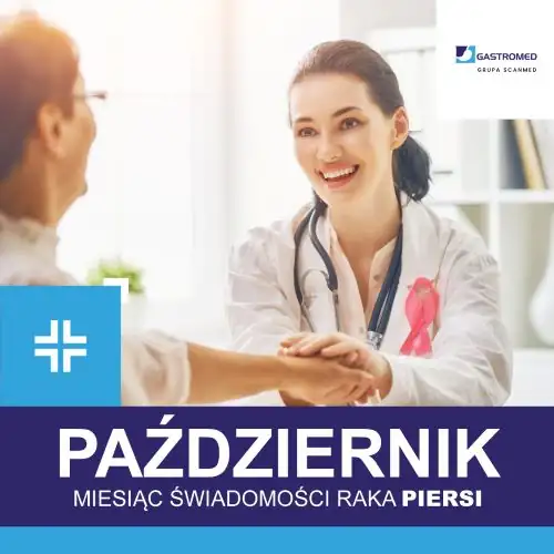 Październik - miesiąc świadomości raka piersi, ZOZ Gastromed, Grupa Scanmed, zdjęcie uśmiechniętej lekarki trzymającej za rękę pacjentkę