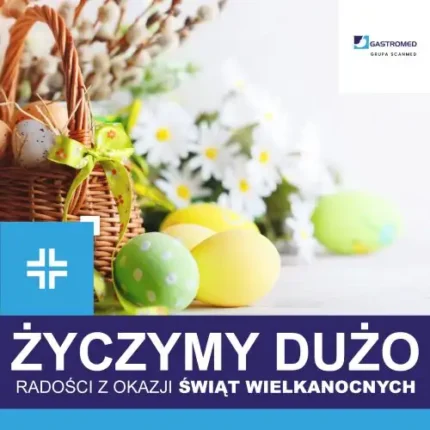 Wielkanoc 2024, Gastromed, Scanmed, pisanki w żółtym i zielonym kolorze, kwiaty i koszyk