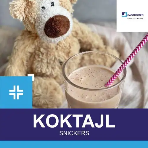 Przepis - koktajl snickers, Gastromed Lublin, Grupa Scanmed, zdjęcie koktajlu i pluszowy misiek