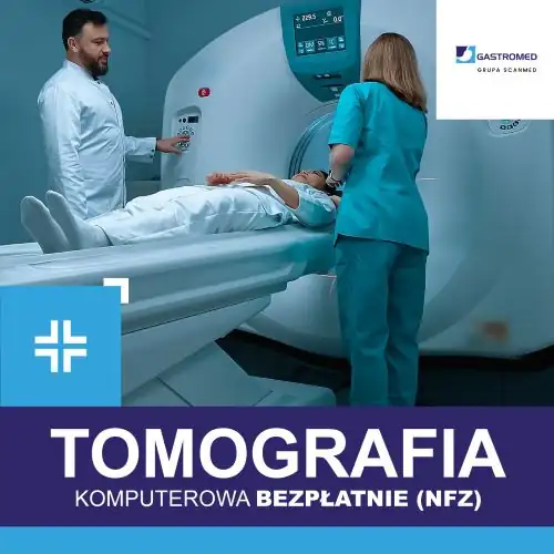 Tomografia komputerowa na NFZ w Lublinie, ZOZ Gastromed Lublin, Grupa Scanmed, na zdjęciu pacjenta oraz dwie osoby z personelu