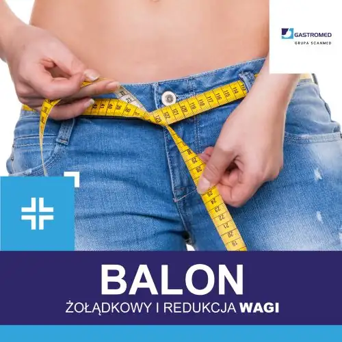 Balon żołądkowy, Gastromed, ZOZ Gastromed Lublin, Grupa Scanmed, na zdjęciu kobieta w spodniach, zamiast paska trzyma centymetr krawiecki