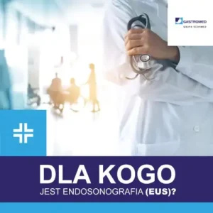 EUS, Gastromed, Scanmed, na zdjęciu: tułów lekarza i dłoń trzymająca stetoskop, grupa pacjentów