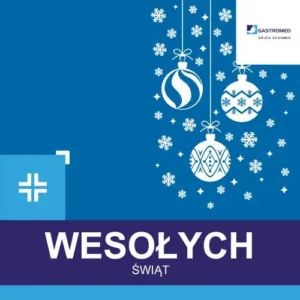 Życzenie Wigilijne, Gastromed, Scanmed, 3 bombki oraz płatki śniegu na niebieskim tle