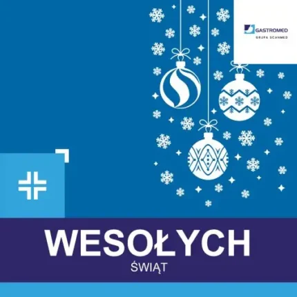 Życzenie Wigilijne, Gastromed, Scanmed, 3 bombki oraz płatki śniegu na niebieskim tle