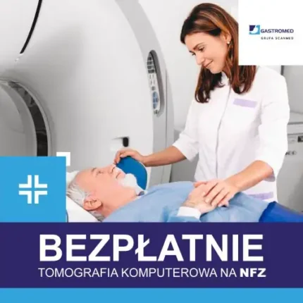 Tomografia komputerowa, NFZ, Gastromed, Grupa, na zdjęciu: kobieta i leżący pacjent
