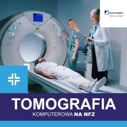Gastromed, Scanmed, na zdjęciu: dwie kobiety z personelu i mężczyzna oraz tomograf komputerowy