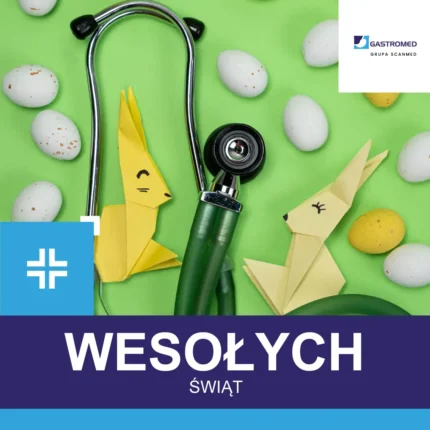 Wielkanoc, życzenia, Gastromed, Scanmed, kilka pisanek, dwa zajączki z papieru oraz stetoskop